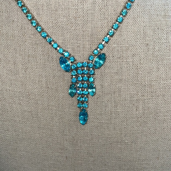 Vintage Aqua Blue Rhinestone Tasseled Necklace. 16”. - Picture 2 of 4